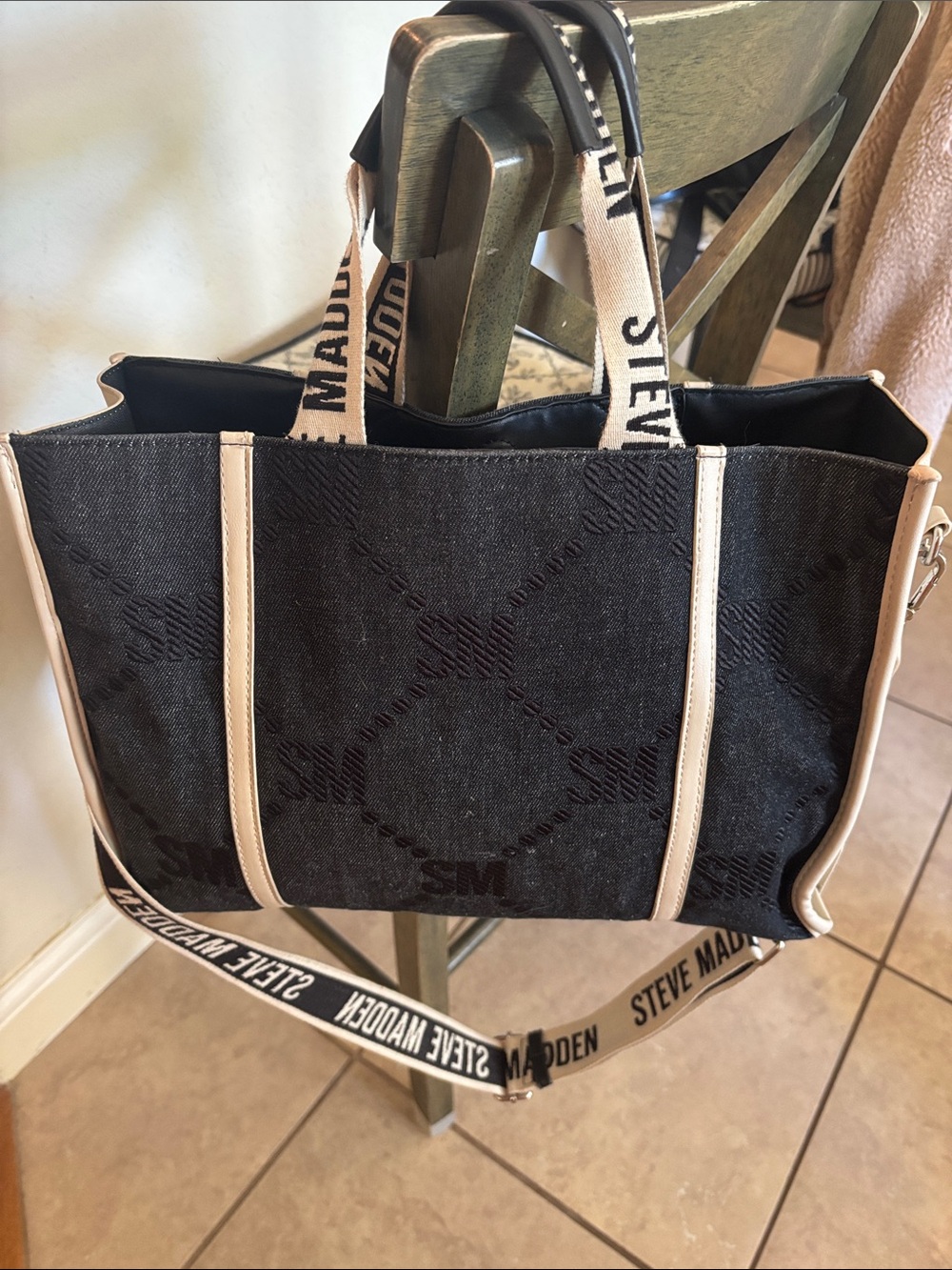 Steve Madden Black Tote with Cream Trim and Branded Straps